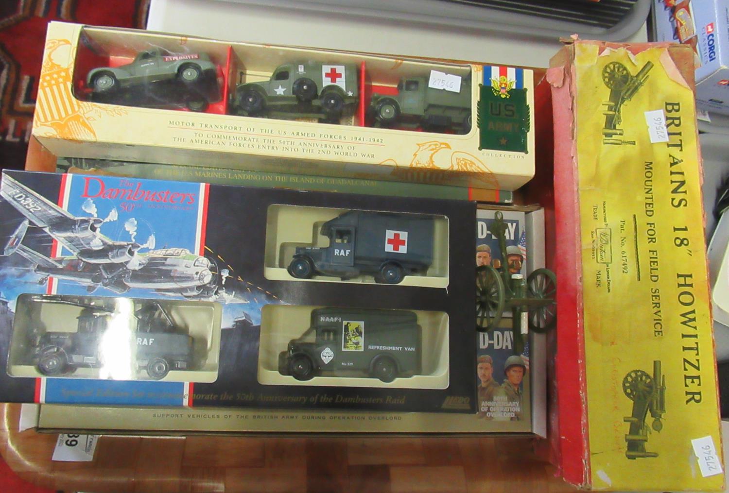 Tray of Diecast model vehicles to include Britains 18" Howitzer mounted for field service in