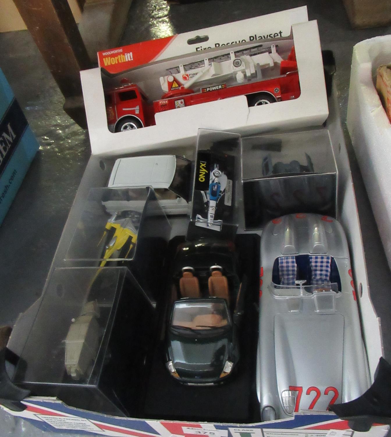 Box of assorted Diecast model vehicles, Borrego, fire rescue playset, etc. (B.P. 21% + VAT)