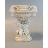 Continental parian ware classical design urn shaped table centre piece having swags, goat's head