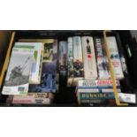 Box of assorted World War themed books and others, Battle for Antwerp, Cornwall at War, The Faces of