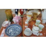 Two trays of china to include 19th century commemorative cup and saucers, souvenir ware teapot,