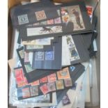 Flat box with all world selection of stamps in sotckbook, on pages, cards and in packets. 100s. (B.