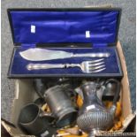 Box of metalware to include; pewter tankards; two marked Yates & Birch, plated small coffee pot,