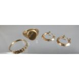 Two 9ct gold rings and a pair of yellow metal earrings. Approx weight 8 grams. (B.P. 21% + VAT)