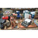 Two trays of assorted items to include a pair of brass barley twist candle sticks, Pricket