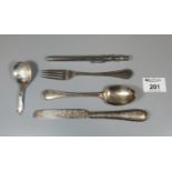 Silver three piece engraved and chased knife, fork and spoon foliate christening set, together