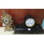 Victorian slate two train drum head mantel clock with white enamel face and Roman numerals, together