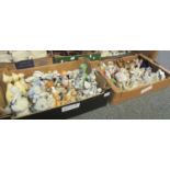 Two boxes of assorted china, mainly ornaments, continental figurines, animals, swan spill vases,