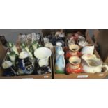 Two boxes of china to include continental figurines and vases, pair of Japanese two-handled vases,