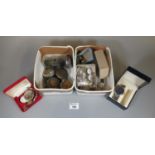 Box containing various pocket watch parts, faces etc. chrome plated pocket watch, one military,