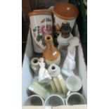 Tray of assorted china to include stoneware bottles, pair of Portmeirion botanic garden