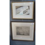 Early 20th Century watercolour seascape with fishermen, together with a black and white coloured