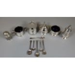 Bag of silver condiments, mustard pots, etc, some with blue glass liners. (B.P. 21% + VAT)