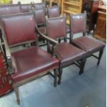 Set of eight (6 + 2) mahogany framed dining chairs with padded backs and stuff over seats on