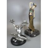 Composition Art Deco figurine of a lady on marble finish base, together with a modern silver