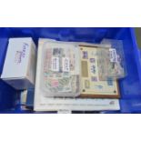 Large blue plastic box of all world stamps in various albums, stockbook, on pages and on and off
