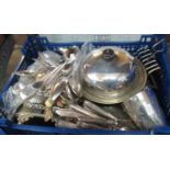 Tray of silver plate to include flat ware, toast rack, muffin dish, beaker, etc. (B.P. 21% + VAT)
