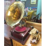 Reproduction wind up gramophone with brass horn, together with a composition model of Nipper the HMV