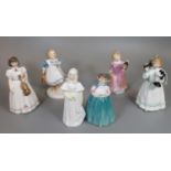 Six Royal Doulton bone china figurines to include Hello Daddy HN3651, Time For Bed HN3762,