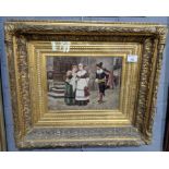 Continental school (19th Century), figures in a cobbled street, signed with monogram J.P, oils on