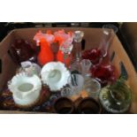 Box of assorted glass ware, cranberry glass, carnival glass scallop dish, art glass vases, etc. (B.