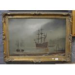 Hilton (British 20th Century), marine scene with 18th Century galleons moored in the mist, signed,
