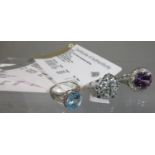 Three silver gemset rings with rockstv certificate cards. Ring size N&1/2, R and O. (B.P. 21% + VAT)