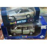 Revell 1:18 scale model vehicles to include Mercedes 500 SL-32 coupe and VW microbus concept car,