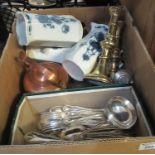 Box of china and metal ware to include three art nouveau design jugs, brass candlesticks, copper