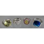 Two silver gemset rings and two silver costume rings. Ring size P, P&1/2, P and Q. (B.P. 21% + VAT)