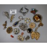 Collection of costume jewellery brooches and a marcasite set necklace. (B.P. 21% + VAT)