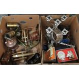 Two boxes of mostly metalware to include; various cased sets of cutlery, a horse design table