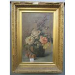 M.K. Sandberg, still life study, jug of flowers with fruit, signed and dated: 1907. Oils on