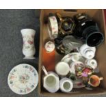 Box of assorted china to include; copper lustre dresser jugs, Portmeirion 'The Botanic Garden'