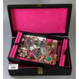Jewellery box containing assorted jewellery, ladies wrist watches, chains, necklaces, brooches, etc.