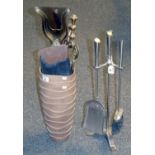 Chrome finish companion set on stand, together with other companion items: brass shovels, pokers,