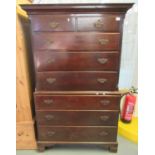 Early 19th century oak chest on chest, the moulded cornice above an arrangement of two short and