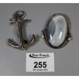 Victorian white metal Scottish anchor brooch set with agate and an agate pendant. (B.P. 21% + VAT)