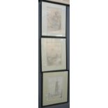 Three framed topographical pencil sketches to include; 'Stadhuis Delft', 'Swanage Church' and