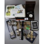 Box of oddments to include; coins, wristwatches, silver plated bangles, Winnie the Pooh postcard