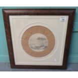 Framed 19th Century pencil sketch, landscape, in relief circular mount, the sketch 16x15cm