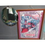 Framed poster: 'All Aboard! Disney Land Railroad', together with a frameless convex mirror with