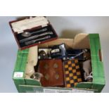 Box of various vintage items to include playing cards, stoneware bottles, plated christening set,