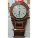 Victorian inlaid walnut, two train, drop dial wall clock with Roman numerals, with key and pendulum.