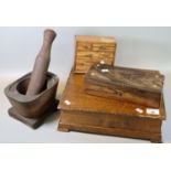 Rustic wooden pestle and mortar, together with a small table-top cabinet, 19th century rosewood