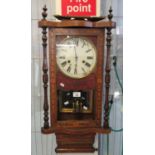 Late Victorian walnut Tunbridge banded, two train wall clock, with key and pendulum. (B.P. 21% +