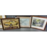 Relief sign: 'Corvette, America's only authentic sportscar', together with two framed furnishing