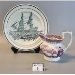 19th Century Dillwyn Swansea transfer printed pottery ship plate, together with a 19th Century