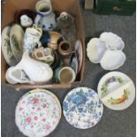 Box of mostly china to include; Dovedale by Jane Fern-Dunoon large mugs, three section serving