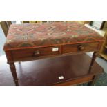 Victorian mahogany footstool, the geometric upholstered top above two fitted drawers on turned